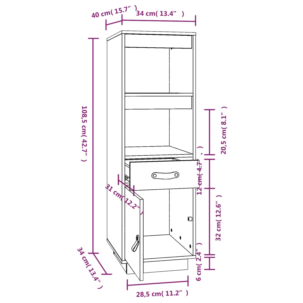 Highboard Grau 34x40x108,5 cm Massivholz Kiefer